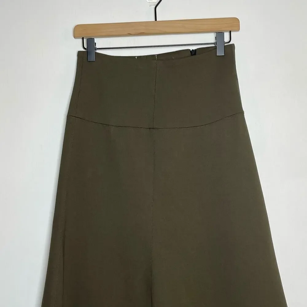 BASSIKE Flare Skirt Women's Size 0 Olive Green Stretch High Waist Midi - Picture 3 of 9